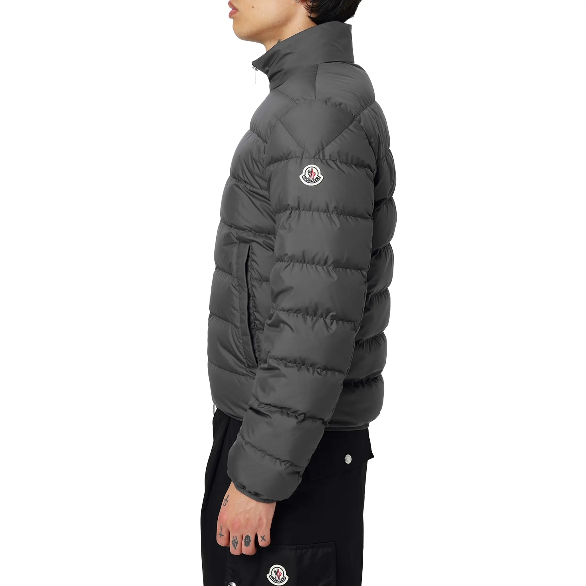Side View of Moncler Baudinet Short Down Charcoal Jacket K20911A0013854A81